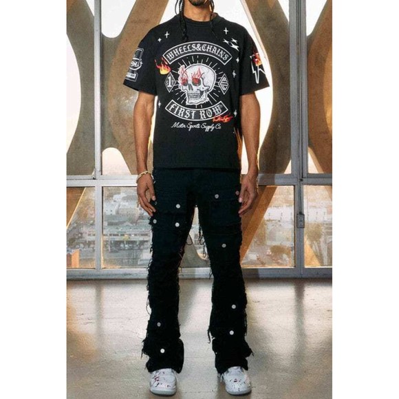 First Row Premium Men's Long Denim Cargo Flare Fringe Stack Jeans with Stylish - Picture 3 of 9